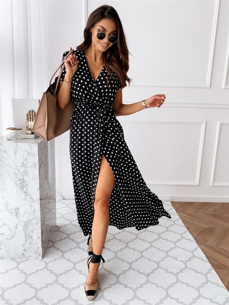 

Hot-selling Blast Summer Short-sleeved V-neck Bohemian Bohemian Pop-print Dress Long Skirt Dresses Women