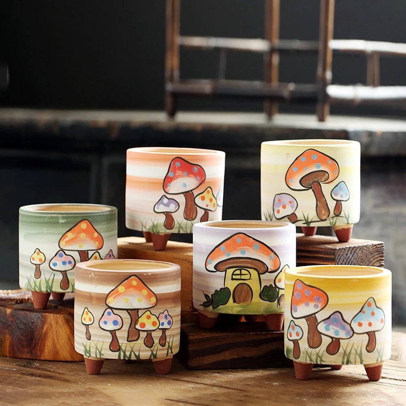 

Korean Painted Mushroom Straight Succulent Ceramic Flower Pot Frosted Stoneware Green Potted Plants Home Creative Gardening