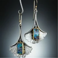 2019 vintage silver creative ethnic leaf blue stone dangel earrings for women drop earings retro pendientes statement jewelry