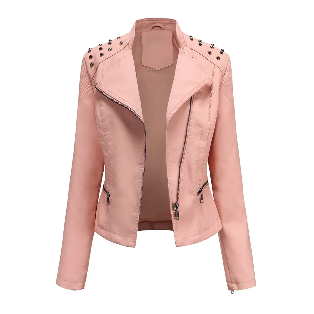 

2021 Autumn Women Leather Jacket Short Biker Rivet V-Collar Long Sleeve Zipper Thin Faux Leather Outerwear Coat Womens Clothing