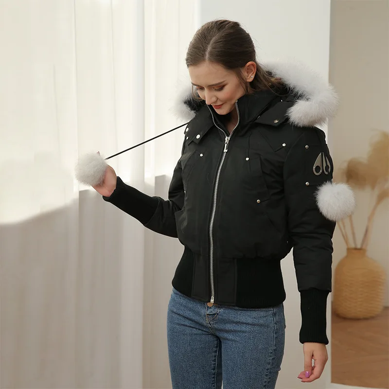 

Женский короткий пуховик с капюшоном, черно-белый классический водонепроницаемый пуховик на 2021 утином пуху, с воротником из лисьего меха, з...