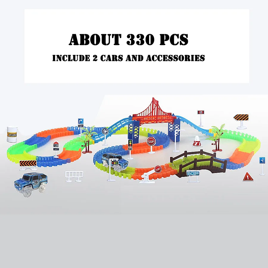 330pcs with 2 cars Волшебный трек, светящийся Железнодорожный автомобиль, сделай сам, гибкий изгиб, магический трек, дорожный набор, флэш-светильник, железнодорожный автомобиль, сборные игрушки, подарки для детей - Цвет: 330pcs with 2 cars