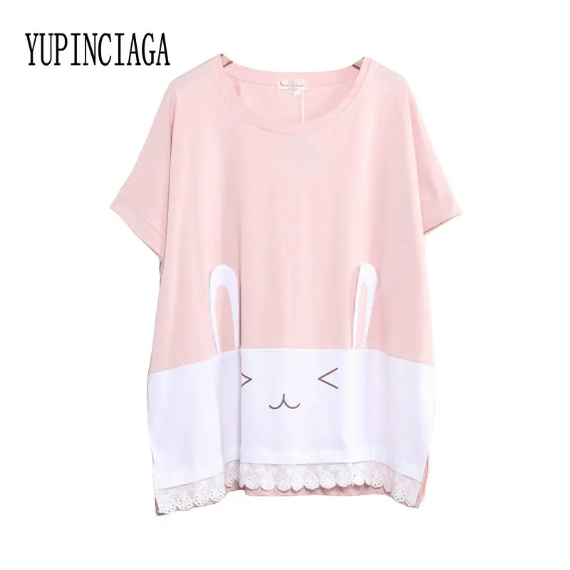 

YUPINCIAGA, летняя женская футболка в японском стиле мори, с рисунком кролика, коллаж, с ушками, короткий рукав, модный дизайн, Повседневный хлопк...