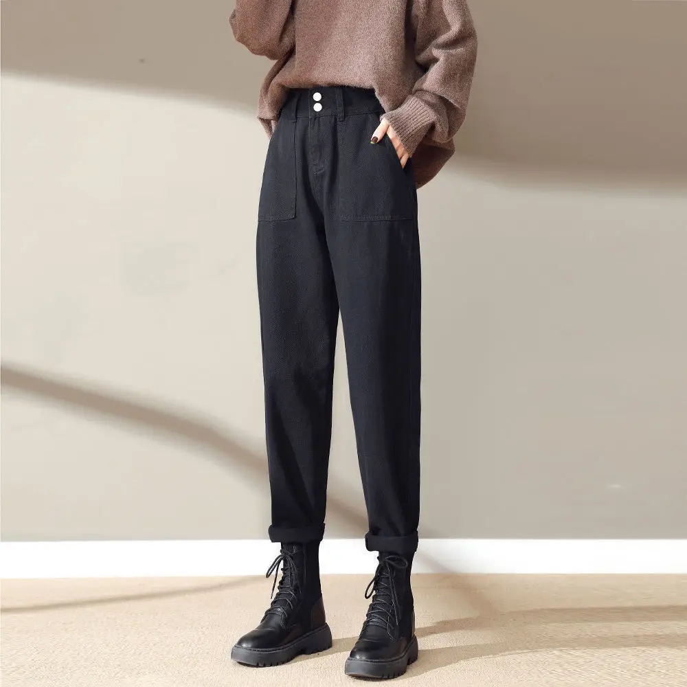 

Женские джинсы с высокой талией, зимние бархатные мягкие свободные черные прямые брюки для похудения в стиле Харадзюку, трендовые женские джинсы стрейч