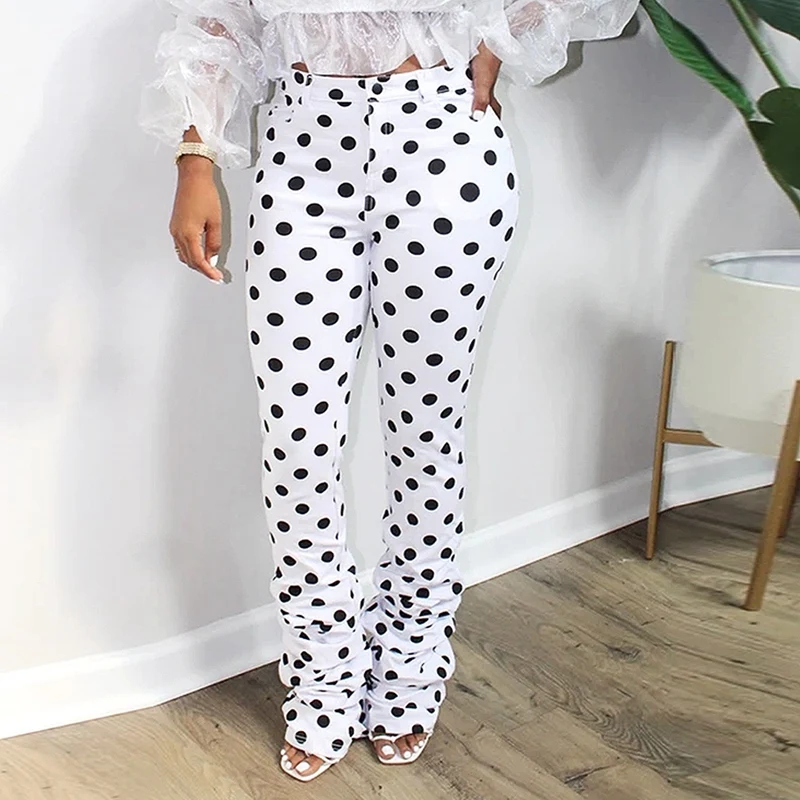 

Polka Dot Print Pant Women Sexy High Elastic Bell Bottom Stacked Sweatpant Vintage Bandage Skinny Pants
