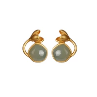 s925 sterling silver gold plated natural hetian gray jade stud earrings vintage personality geometry flower womens earrings