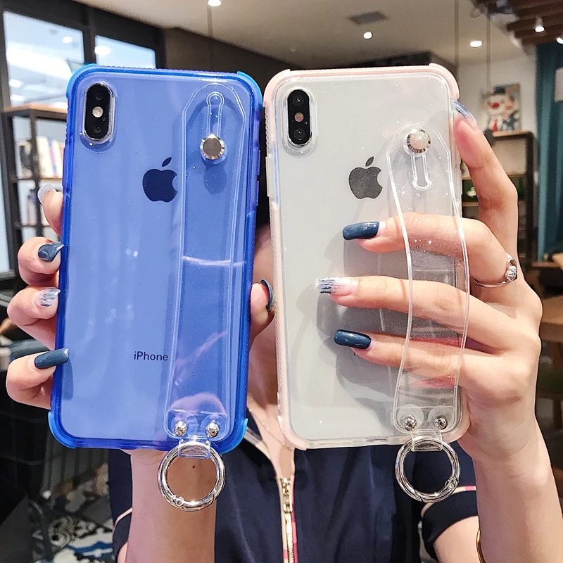 Glitter Powder Holder Phone Case For iPhone 11 X XR XS Max 6 6S 7 8 Plus Transparent Soft TPU Wrist Strap Shockproof Back Cover |