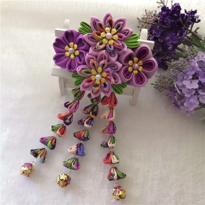 Новинка, красивые, изготовленные на заказ, ручная работа, японское кимоно, Сакура, головной убор для девочек, женские заколки для волос, Цветочные заколки для волос с длинной осенью