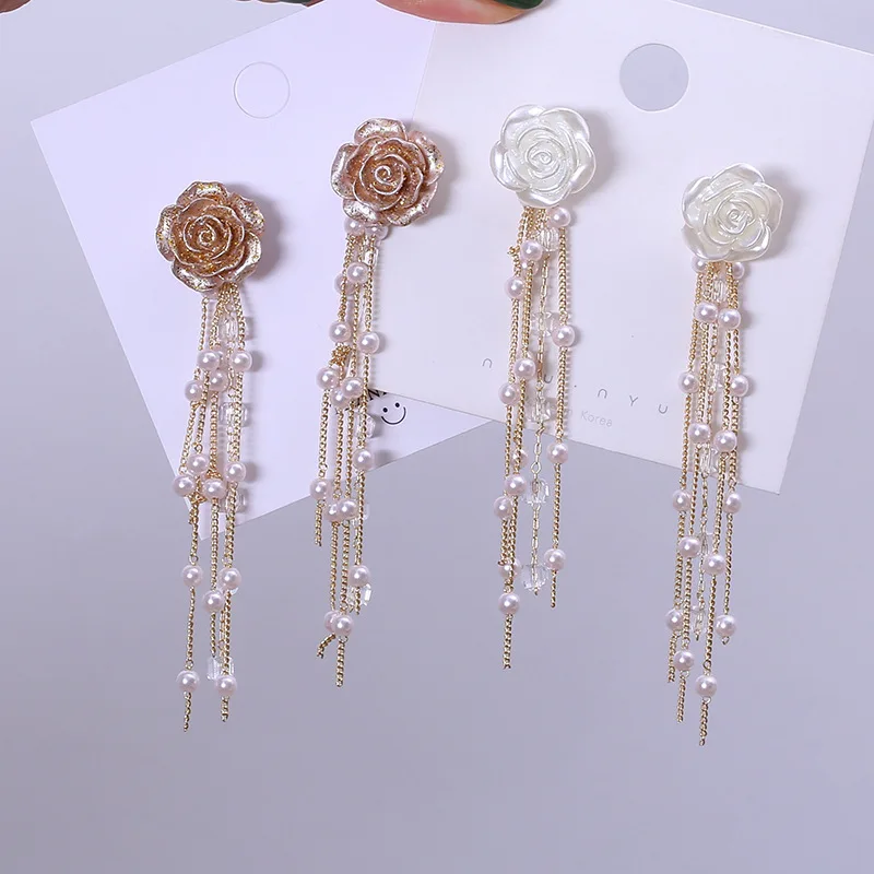 

Temperament Pearls Crystal Chain Tassel Rose Flowers Earrings Korean Hyperbole Long Drop Dangle Earring Wedding Brides Jewelry