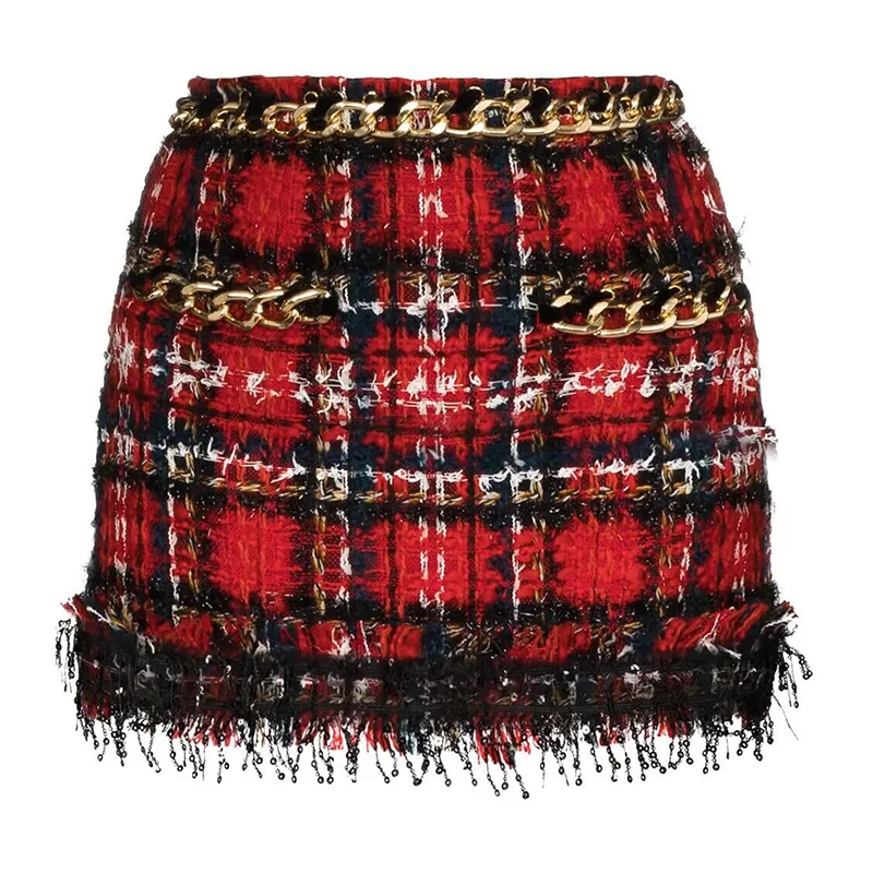 

HIGH STREET Newest 2021 Designer Skirt Women's Chain Sequined Fringed Tassel Plaid Tweed Mini Skirt