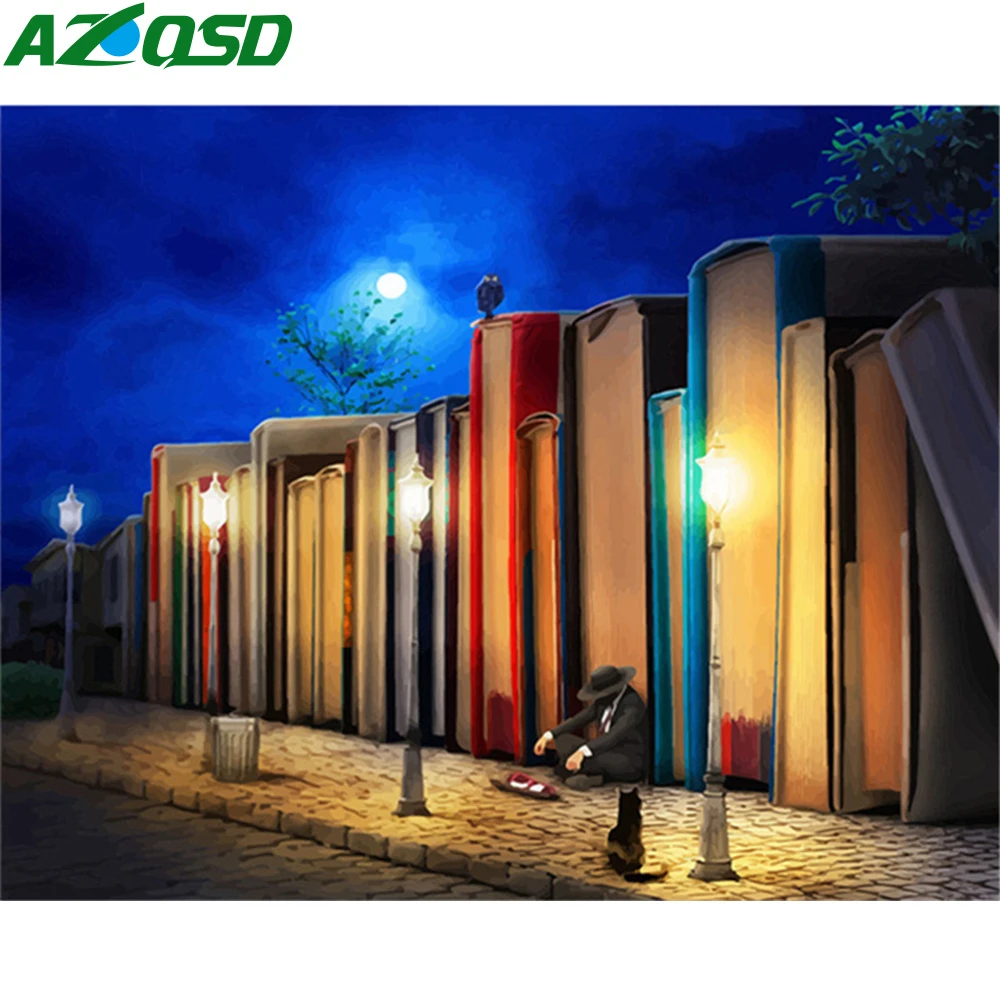 

Картина AZQSD по номерам, книга, улица на холсте, набор, уникальный подарок, сделай сам, Раскраска по номерам, город домашний декор «Ночной пейз...