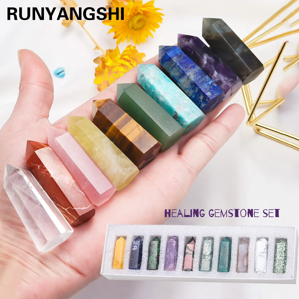 

10pcs/set Natural Healing Gemstone Kit Reiki Hexagonal Column Crystal Point Mineral Specimens Set Home Decor Collection Gift Box