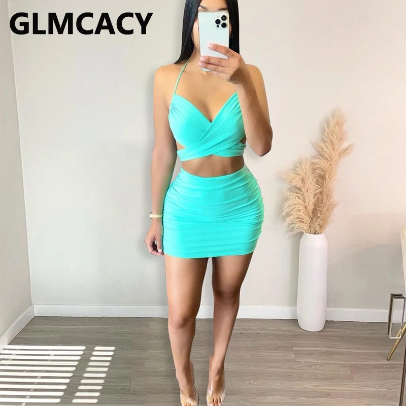 

Two Piece Sexy Dress Suits Spaghetti Strap Crop Top & Bodycon Mini Skirt Set