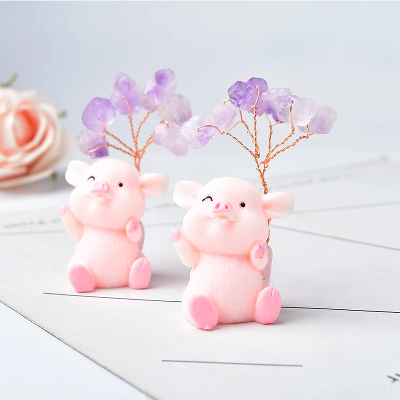 

Natural Amethyst Loveliness Pig Animal Hand-made Lucky Tree Stone Mineral Ornaments Home Decoration Healing Stone Figurine Gift