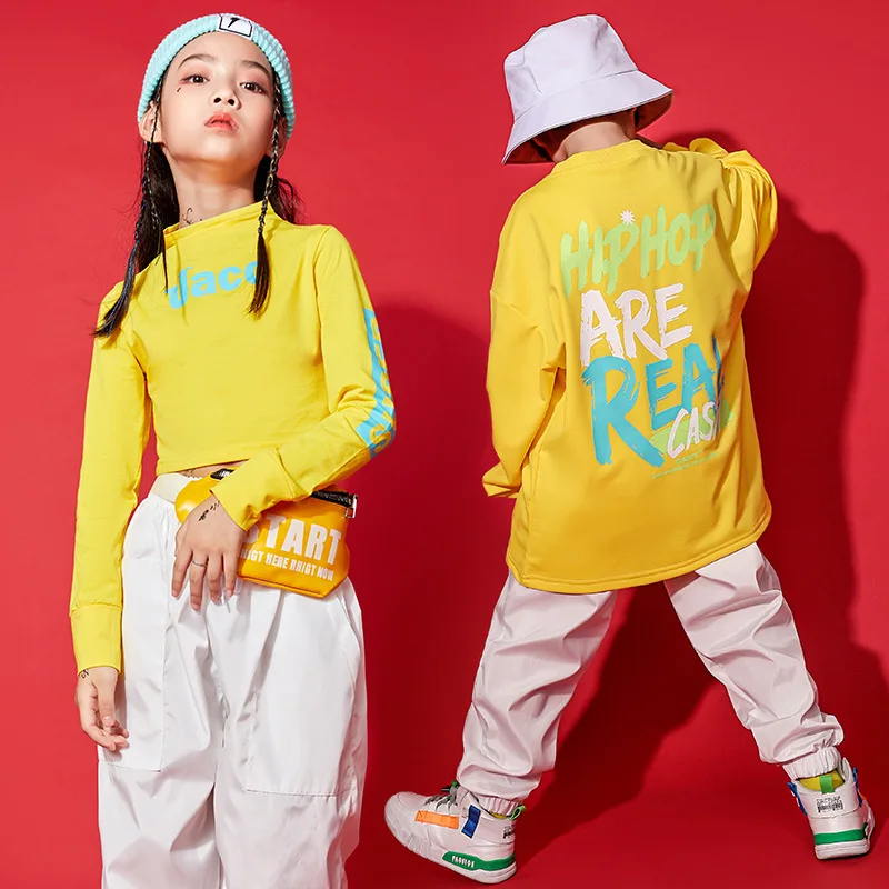 

Children Hip-Hop Suit Boys Girls Kids Cheerleading Costumes Girl Jazz Dancing Street Dance Clothing Yellow Cropped Tops Outfits
