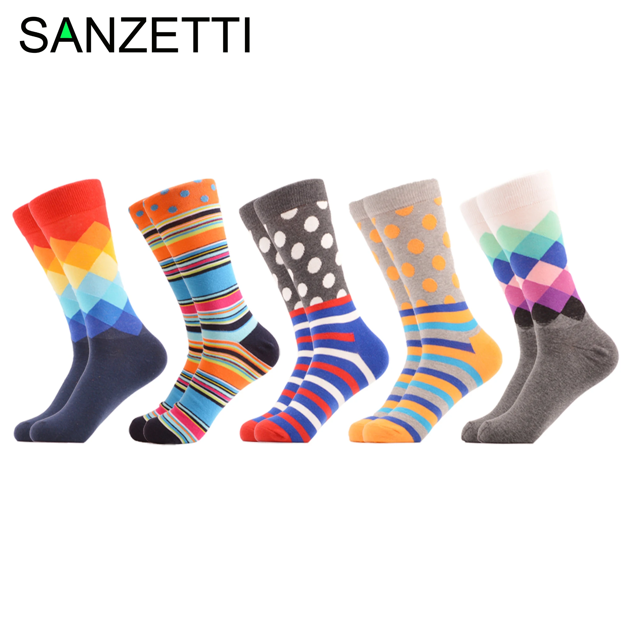 SANZETTI/5 пар/мужские носки большого размера цветные Повседневные с геометрическими