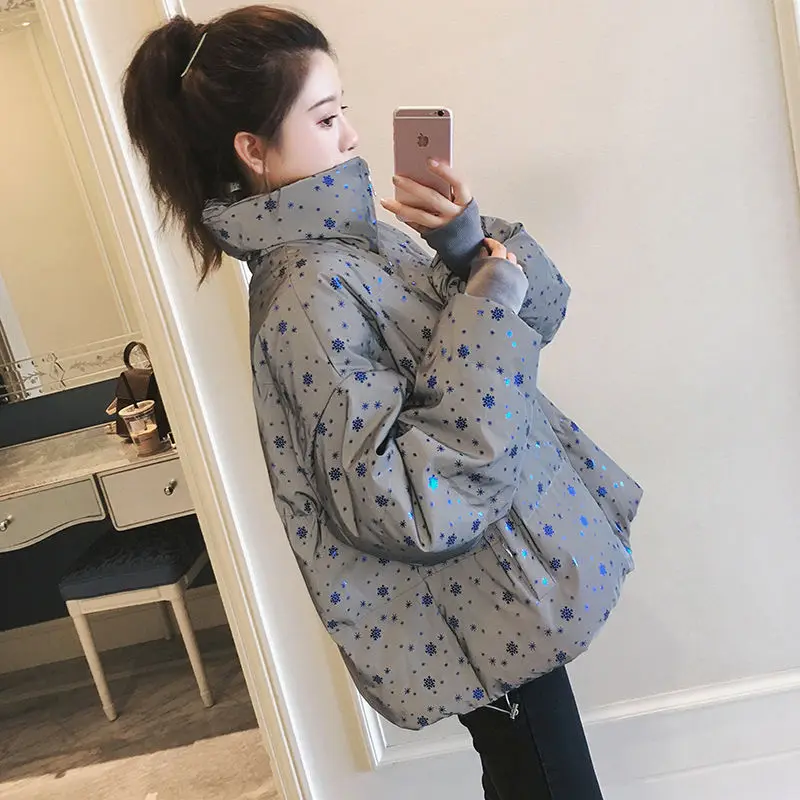 Style Quilted Cloth Silver Color Snowflake Short Waterproof Bright Surface Jacket Woman Cotton Dress Large Size