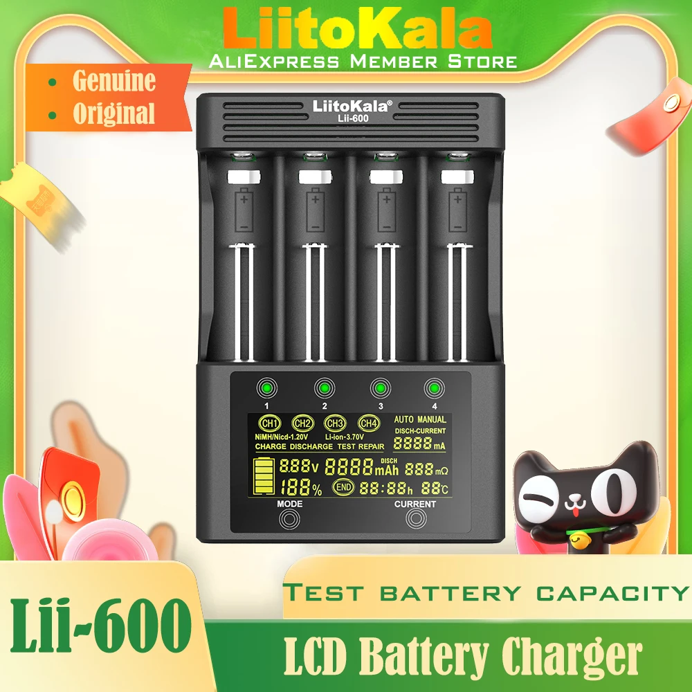 Tester astuto/originale di capacità della batteria dello li-ione 3.7V NiMH 1.2V 18650 26650 21700 AA AAA del caricabatteria di LiitoKala Lii-600