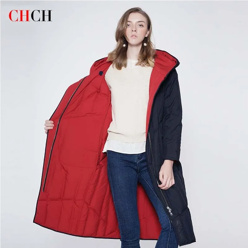 Модная новинка 2021, женская утепленная длинная пуховая куртка CHCH, зимнее уличное пальто с Анорак, верхняя одежда, пуховая парка с капюшоном, т...