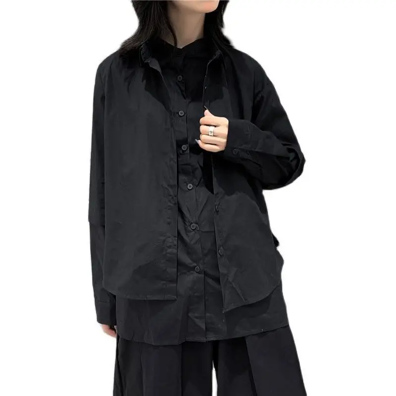 

LANMREM 2021 Autumn Turn-down Collar Single-breasted Loose All-match Casual Fake Two Piece Black Shirt For Women Fashion 2A2798
