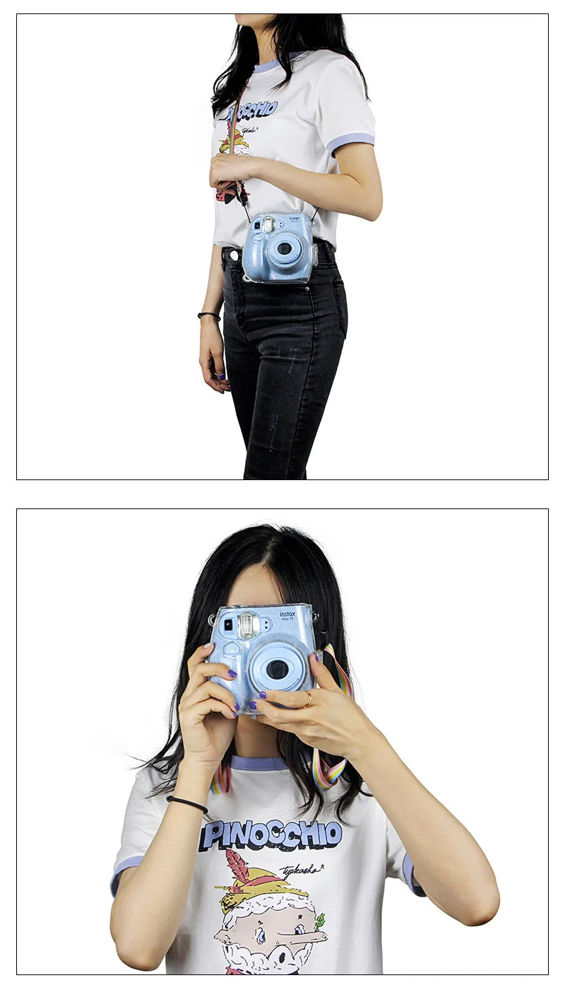Fujifilm Instax Mini 7s Прозрачный чехол для камеры моментальной печати, защитный кристально чистый чехол сумка с радужным плечевым ремнем