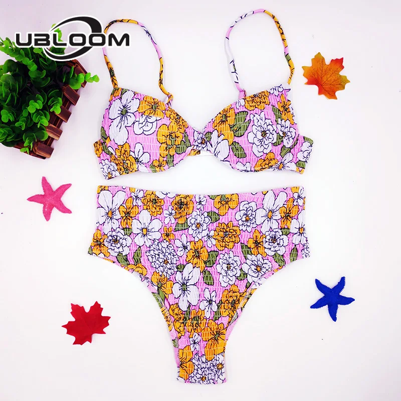 

Sexy Underwired Push Up Bikini Set Ruched Bandeau Swimsuit Bikinis Women High Waist Bathing Suit Swimwear Floral Print Beachwear