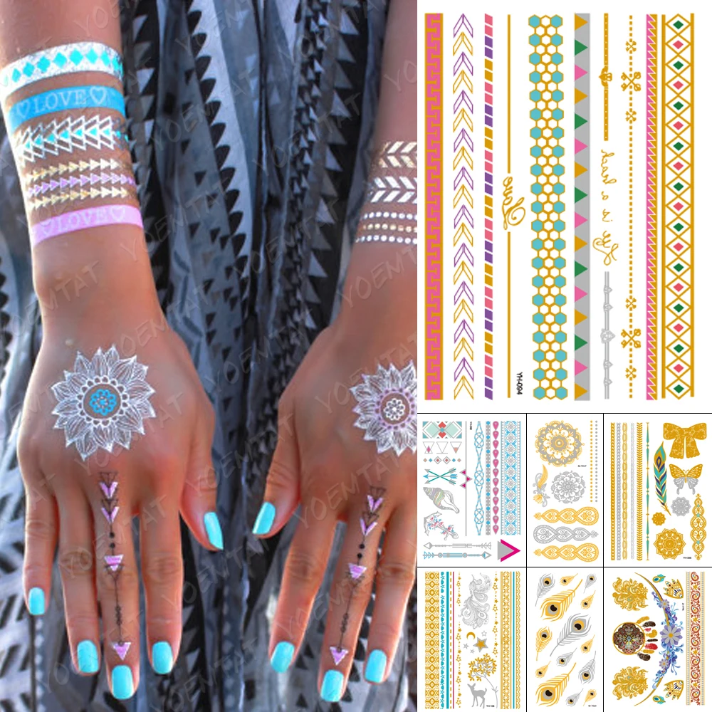

Waterproof Temporary Tattoo Sticker Pink Bracelet Sea Gold Metallic Flash Tatoo Boho Conch Anchor Jewelry Glitter Body Art