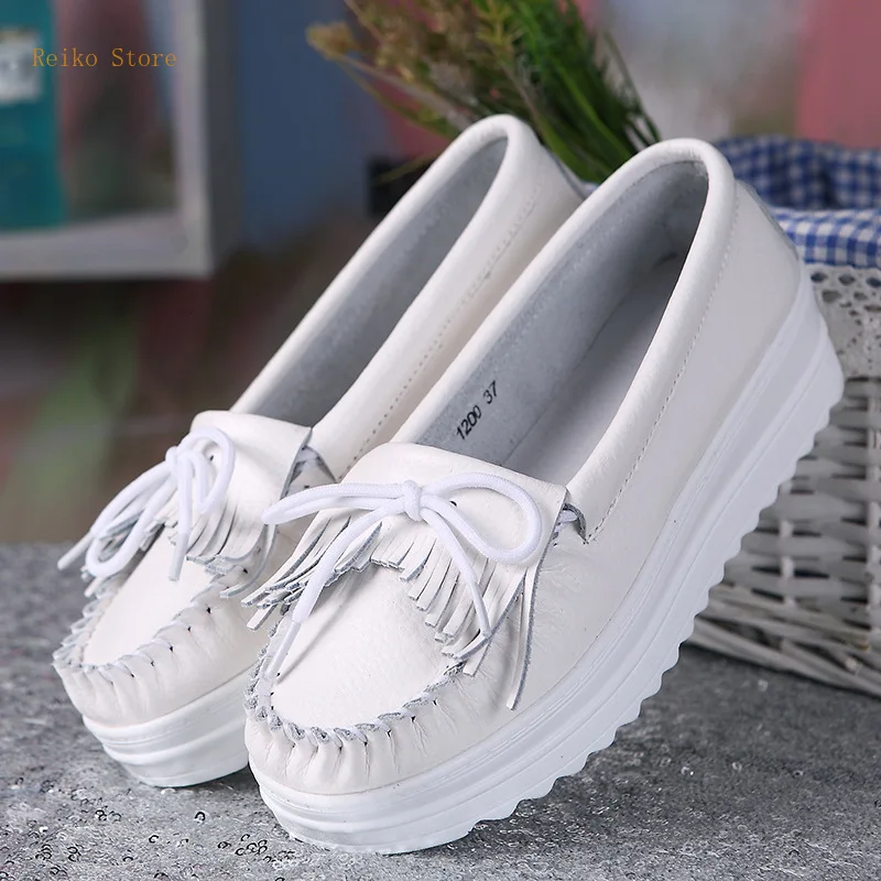 

Spring Breathable Casual Platform Low-Cut White Shoes Women's Genuine Leather Shoes Muffin Bottom Increased Tassel Shoes Women