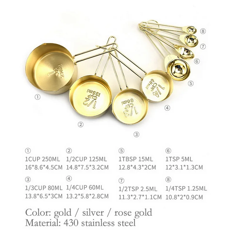 

8pcs/set Stainless Steel Measuring Cups And Spoons Set 8 Engraved Measurements Stackable Measuring Cup Set For Kitchen Baking