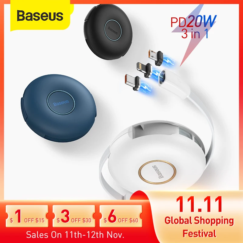 

Baseus PD 20W Magnetic 3 in 1 USB C Cable for iPhone 12 Charger Micro USB Type C Fast Charging for Samsung Retractable Cord