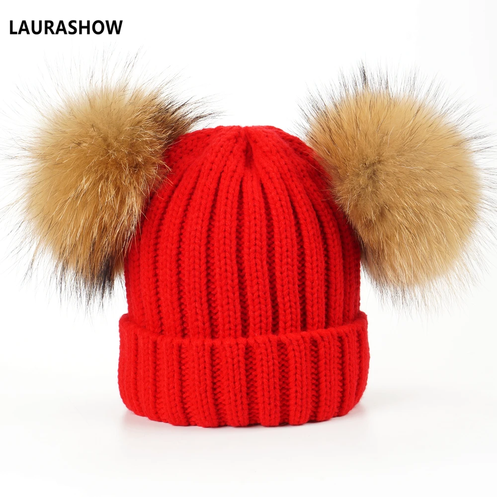 as picture LAURASHOW, зимняя брендовая шапка для взрослых, 16 см, двойная, натуральный мех, помпон, шапка для женщин, шапка, вязаная шапка, шапка, Skullies, женские шапочки - Цвет: as picture