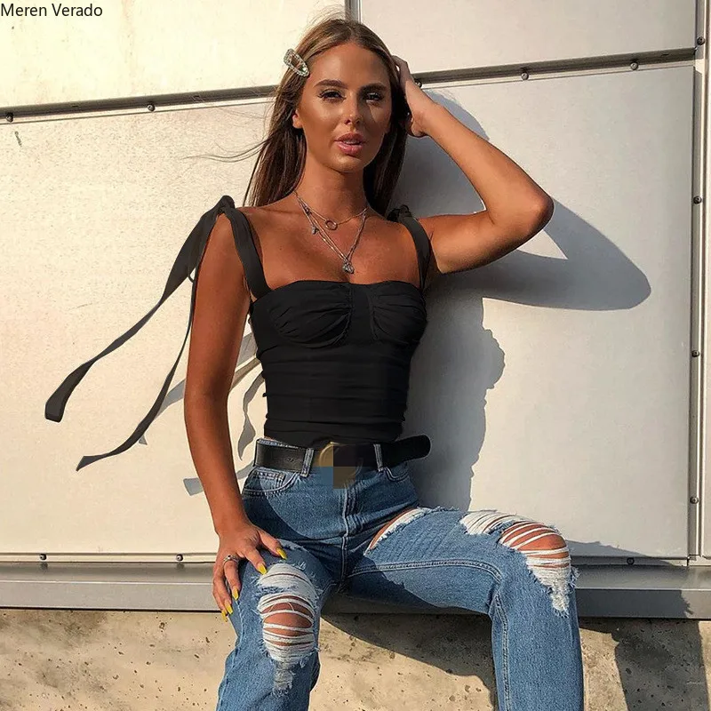 Meren Verado жилет на бретелях с Бантом Летняя женская Однотонная рубашка без бретелек