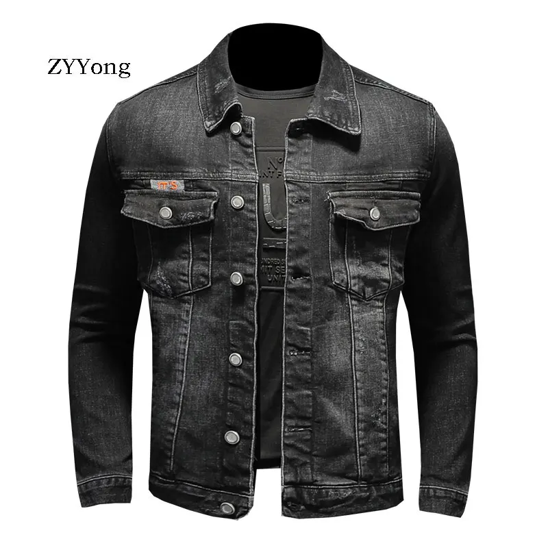 New Spring Embroidery Elasticity Bomber Pilot Black Denim Jacket Men Jeans Coat Motorcycle Casual Outwear Clothing Overcoat