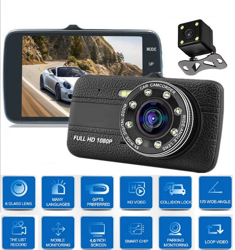 4 дюймов ips DVR видеорегистратор камера Full HD видео рекордер регистратор Авто двойная камера s для автомобилей Dashcam автомобиль черный видеорегистратор коробка