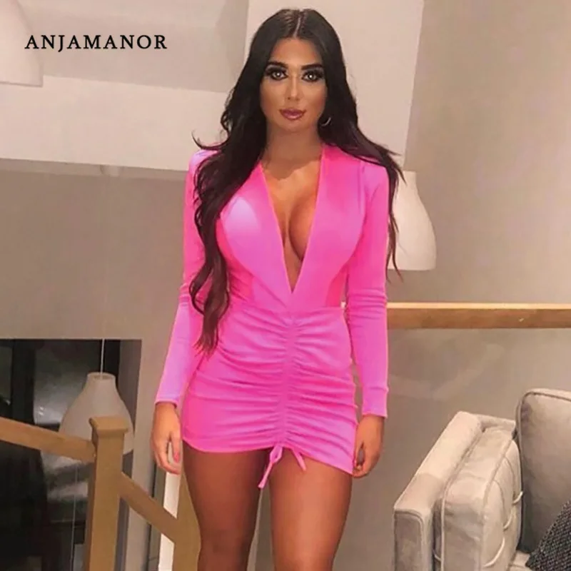 Женское вечернее платье с рюшами ANJAMANOR неоново розовое облегающее глубоким v