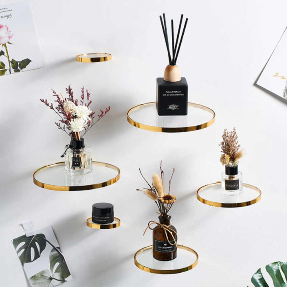 

High-quality Wall Mounted Gold Glass Shelf Wall Mounted Round Gold Glass Storage Items Hanging Storage Rack