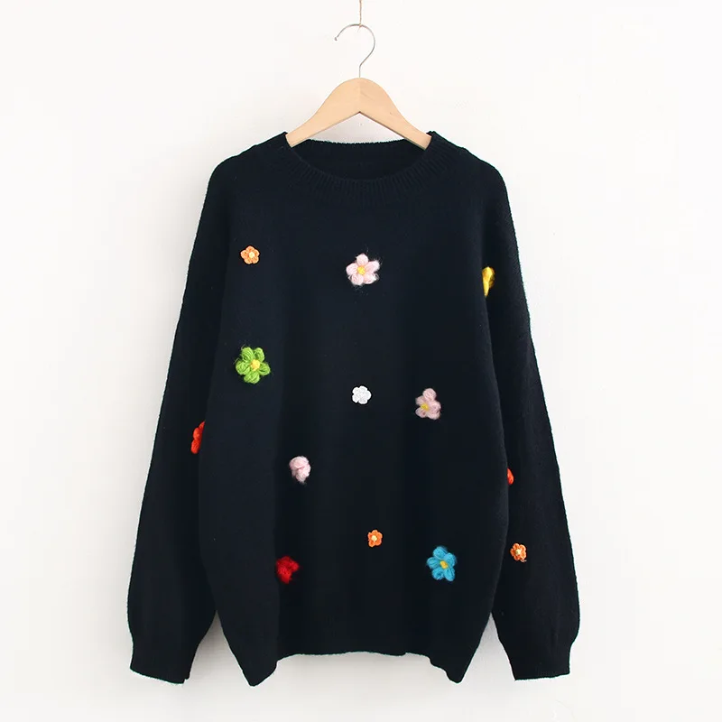 Женские свитера с вышивкой милые свободные пуловеры со стерео цветочным