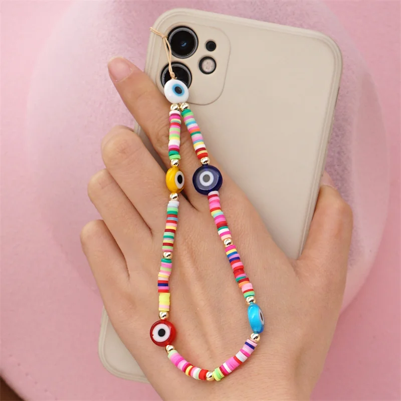 

Colorful Evil Eye Mobile Phone Chain Lanyards For Women Bohemia Acrylic Soft Clay beaded Chains Telephone Accessories 2021