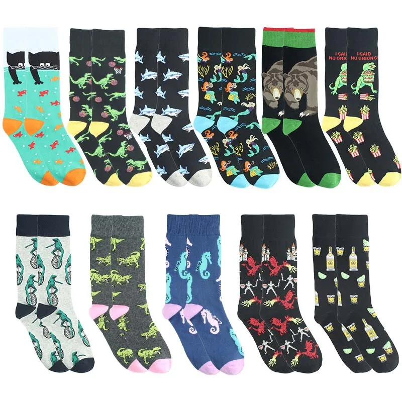 

Animal Men Sock Shark Man Socks Dinosaur Hippocampus Printed Unisex Solid Casual Crew Sox Adult Cotton Autumn Winter Cute Sokken