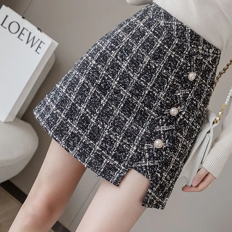 

Woman Pleated Skirt Autumn Winter New Female High Waist Mini Skirt Ladies A-line Plaid Printed Buttons Tweed Vintage Skirts A25