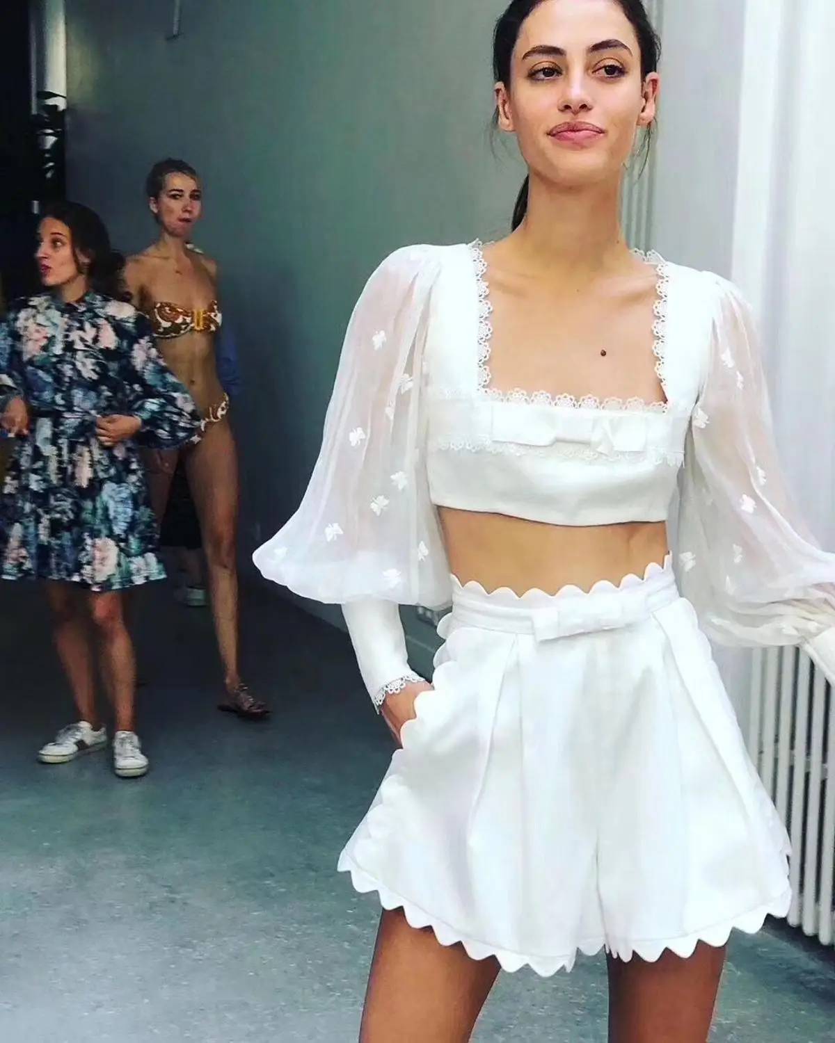 

Sexyboutique New Fashion Women White Patchwork Lantern Sleeve Top & Mini Skirt 2 Two Piece Set Celebrity Party Club Set