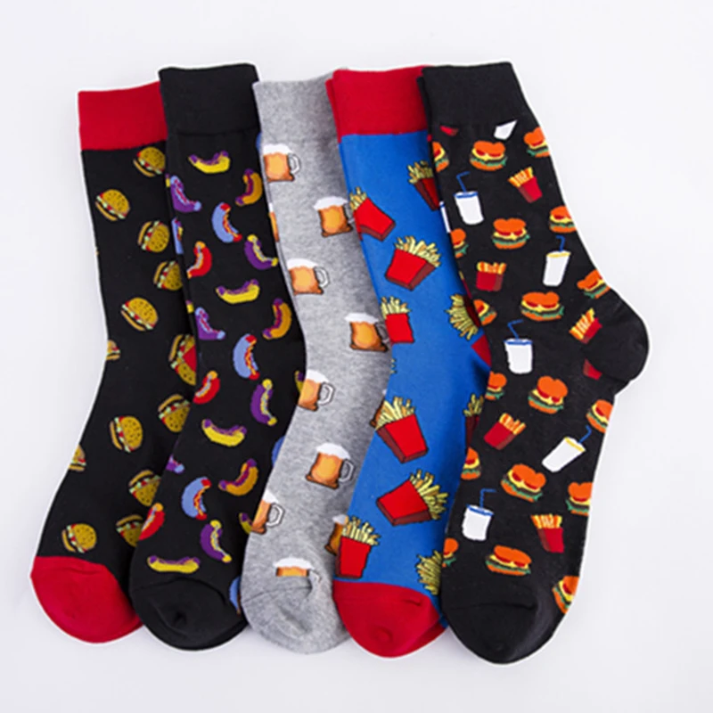 

Colorful Hot Dog Hamburg Beer Pattern Novelty Crew Socks Men's Funny Food Kawaii Sokken Creative Casual Cotton Socks For Male