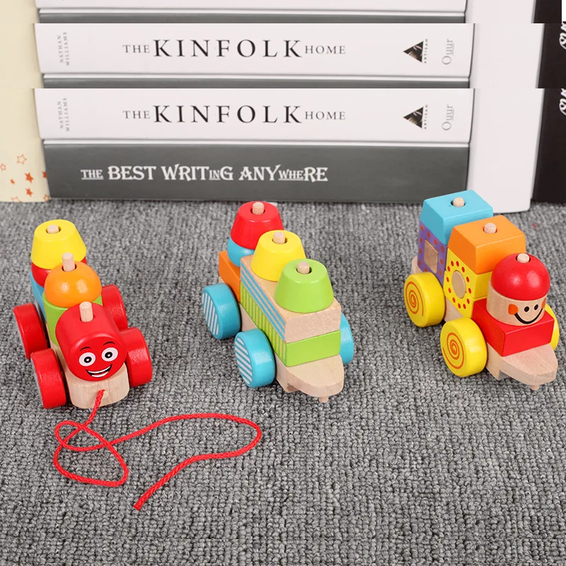 Детский Деревянный конструктор цветной маленький поезд для раннего развития
