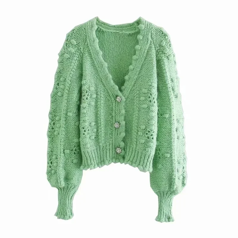 

Women Fashion With Gem Buttons Pompom Detail Knit Cardigan Sweater Vintage Long Sleeve Female Outerwear Chic Tops