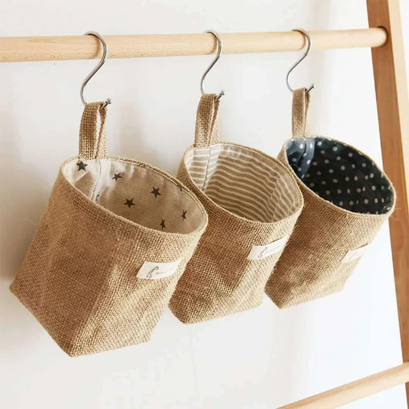 

Cotton Linen Hanging Storage Basket Jute Pocket Storage Box Small Sack Sundries Organizer Cosmetic Organizer Home Decor Creative