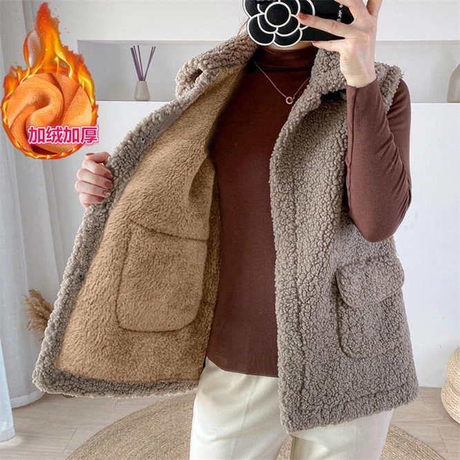

Khaki Fur Furry Plush Vest Lamb Wool Women Sleeveless Down Coat Tops Casual Short Outwear Waistcoat Parkas Jacket Coats Cloth
