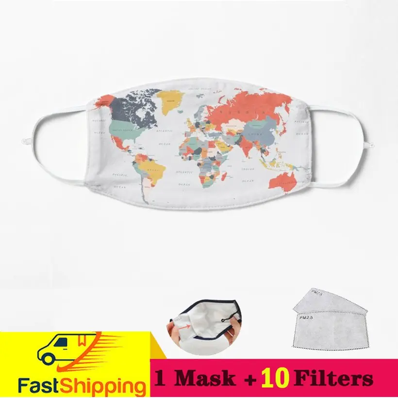 

Карта мира в счастливых цветах Приключения ждет карта мира в синей маске для лица Пыленепроницаемая ветрозащитная уличная