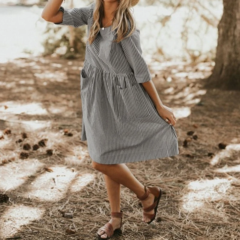 Повседневное платье рубашка с круглым вырезом женское летнее коротким рукавом и