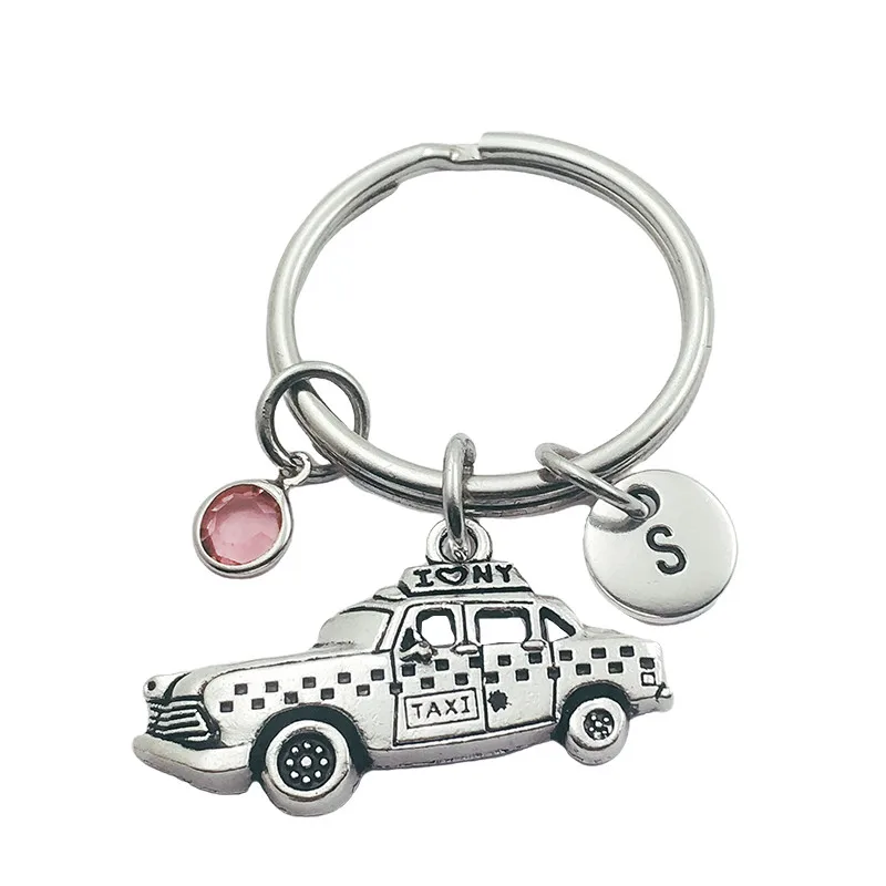 

Taxi Initial Letter Monogram Birthstone Keychains Keyring Creative Fashion Jewelry Women Gifts Accessories Pendant