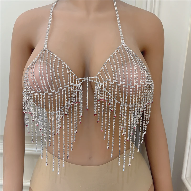 

2021 Сексуальные Серебряные подтяжки бикини нижнее белье обтягивающие цепочки на бретельках бюстгальтер жилет для женщин роскошные украшен...